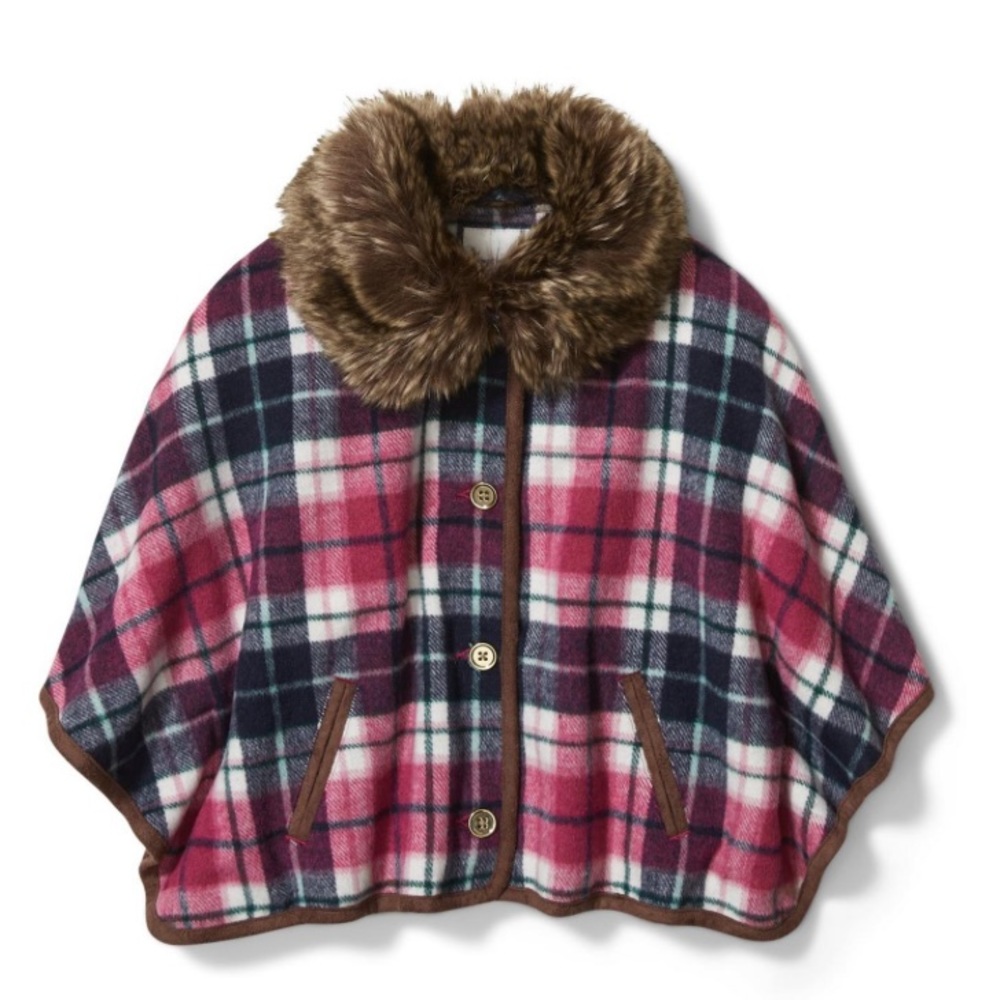 Janie and Jack Fuschia Pink Plaid Poncho Faux Fur Trim•NWT